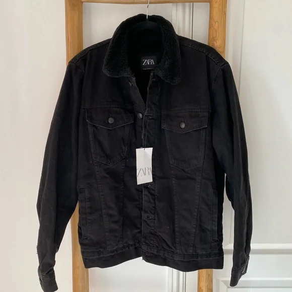 Zara Black Denim Jacket Men’s XL Faux Sherpa-Lined Button Up Trucker Winter NWT
